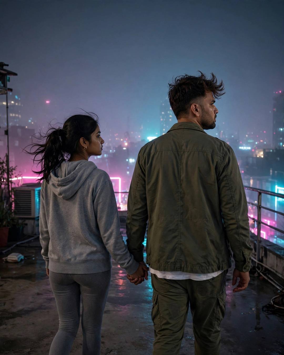 A couple walking hand in hand away into a neon-lit foggy city at night, him in an olive jacket and her in a grey hoodie