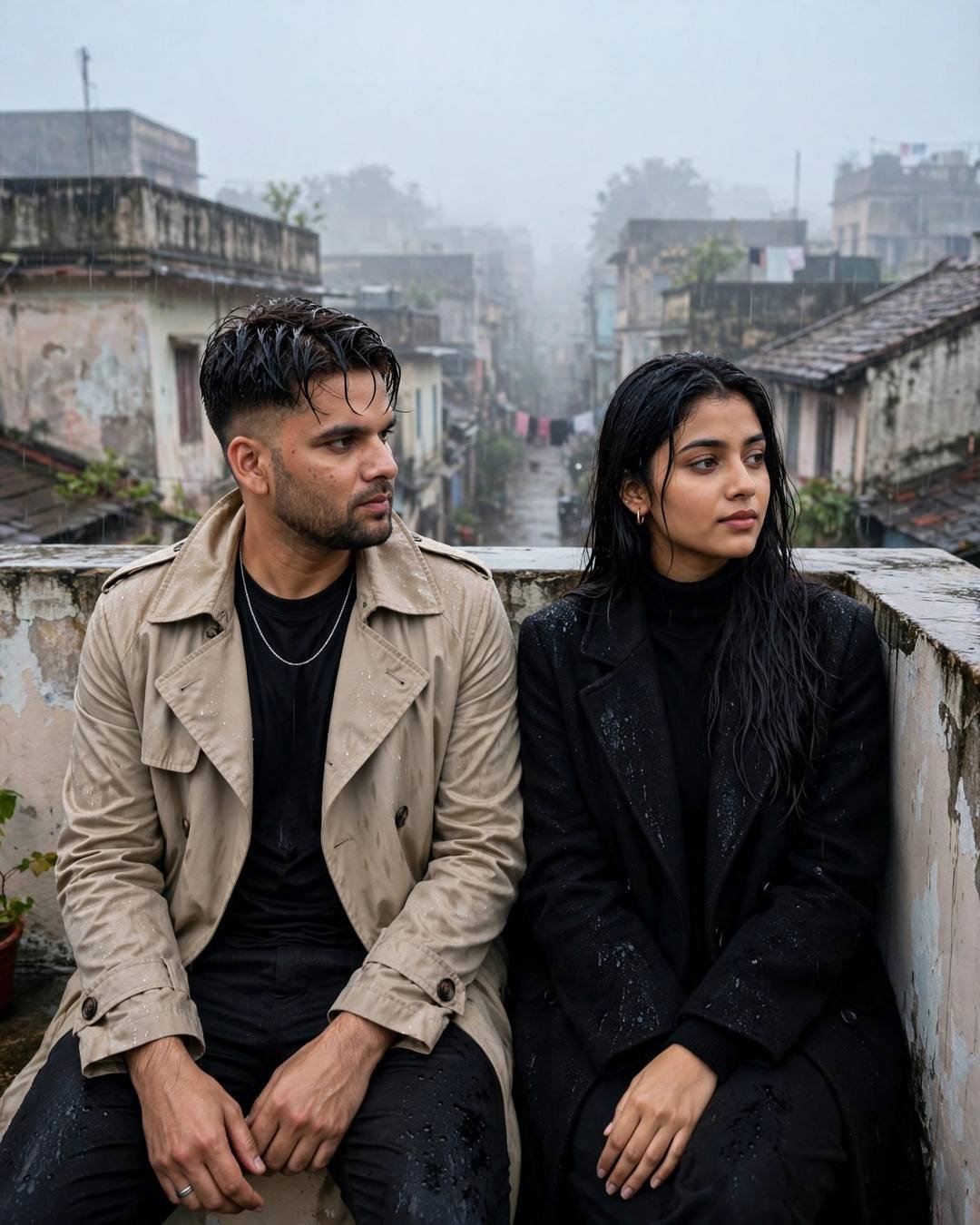 A couple sitting side by side on a rain-wet rooftop parapet, looking out over a foggy old-city lane