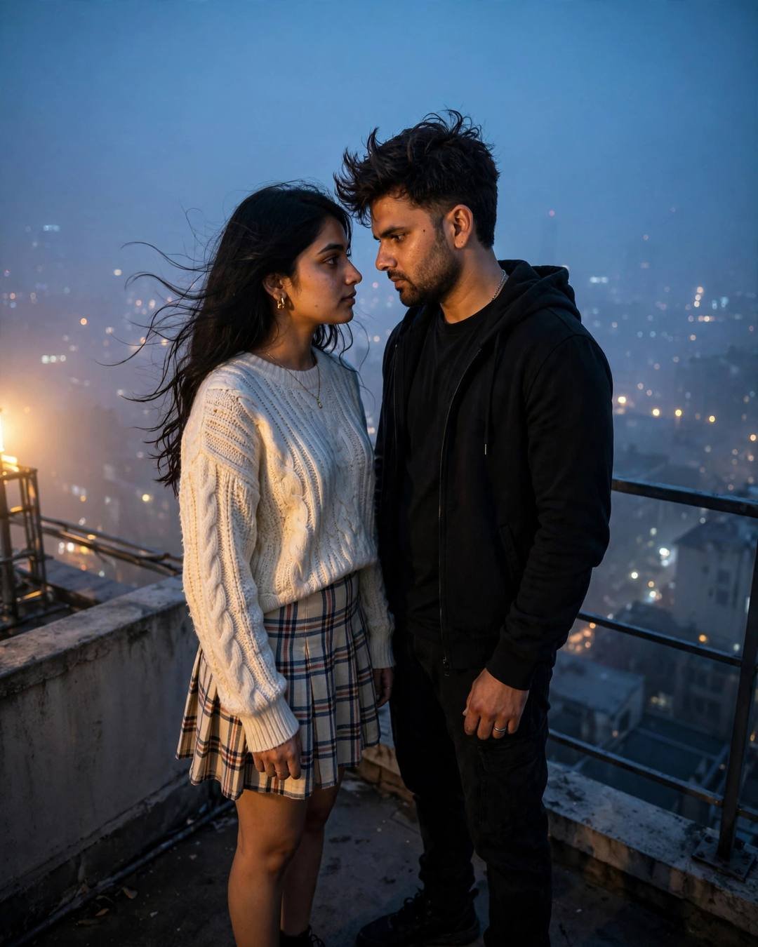 A couple standing face to face on a foggy rooftop at blue hour, city lights scattered below them