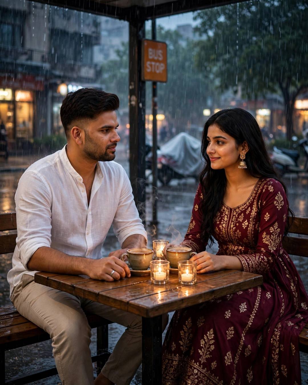 Young couple at a rainy bus stop table, hands almost touching over chai and candles