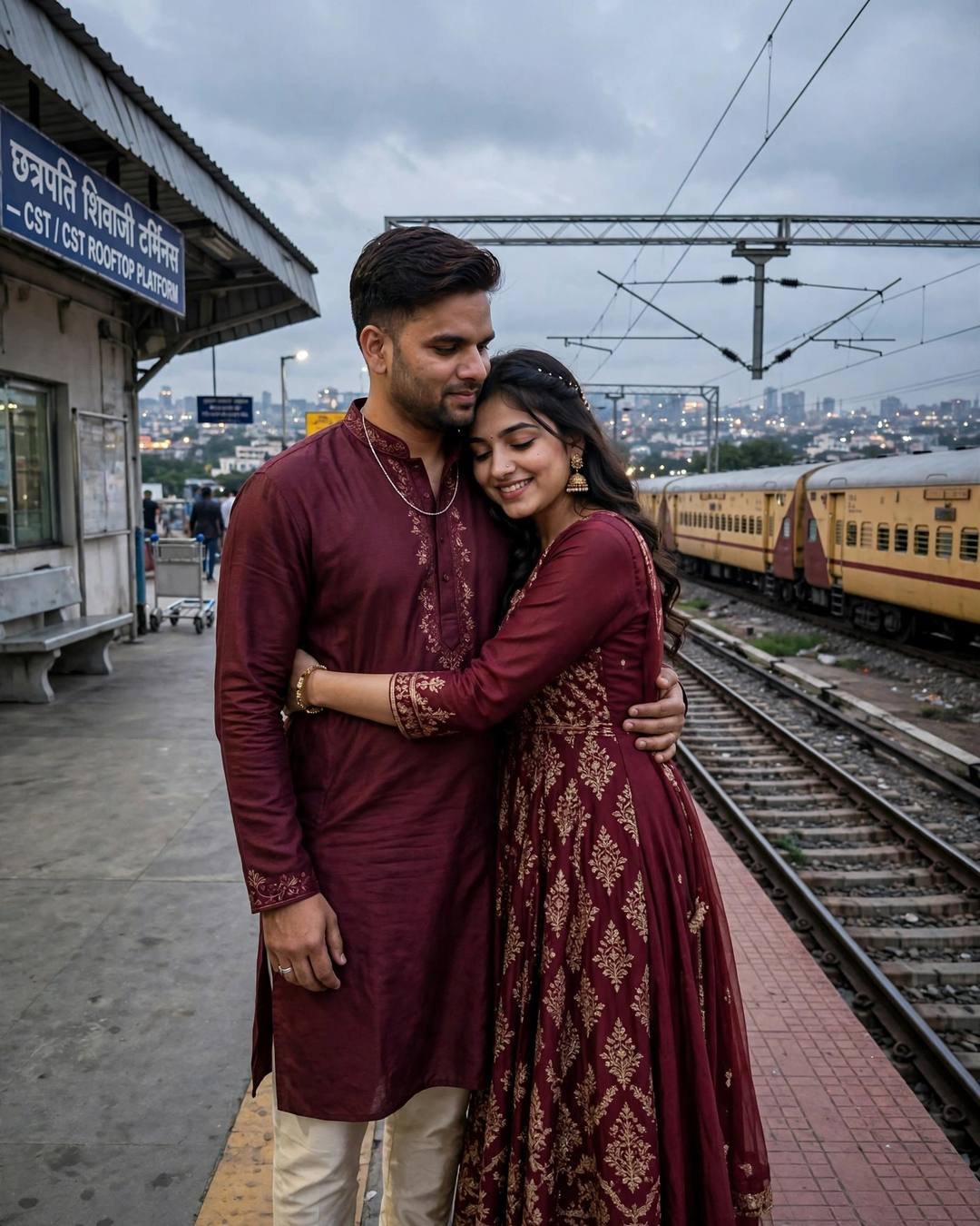 Young couple in matching maroon embracing on a railway platform beside a train