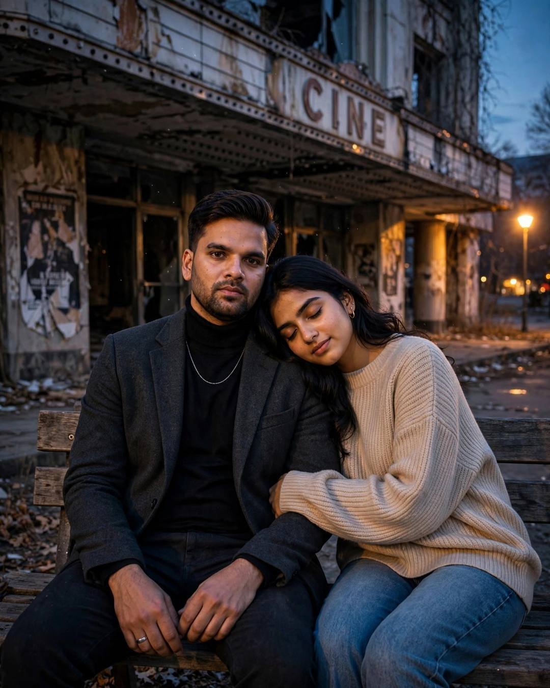 Young couple close on a bench before an abandoned cinema, woman resting head on partner's shoulder