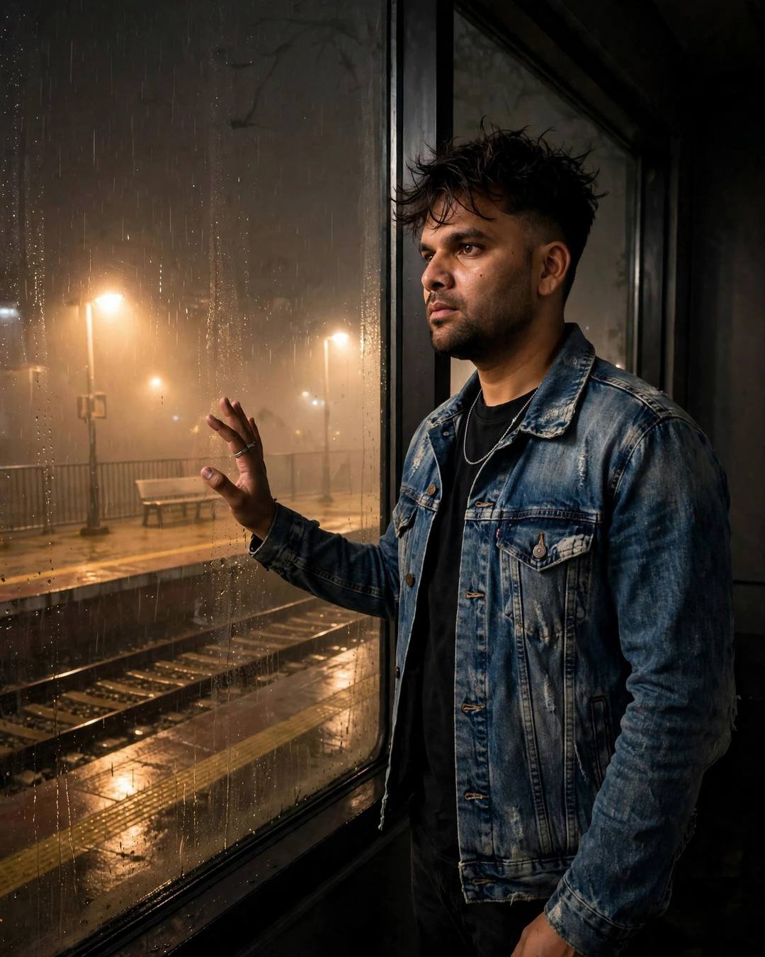 Young Indian man in denim jacket with hand on rain-streaked window at empty night railway platform