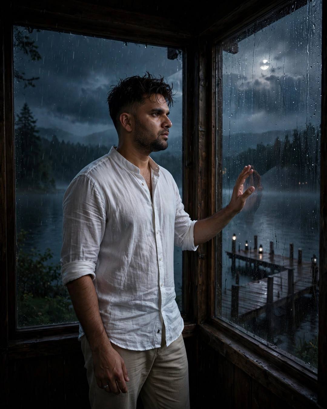 Young Indian man in white linen shirt at rain-streaked window of lake pier under moonlight