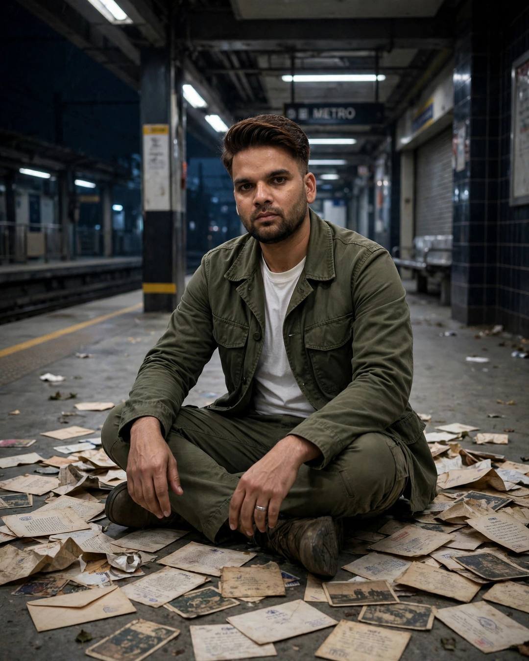 Young Indian man in olive jacket sitting among old letters on a midnight metro platform