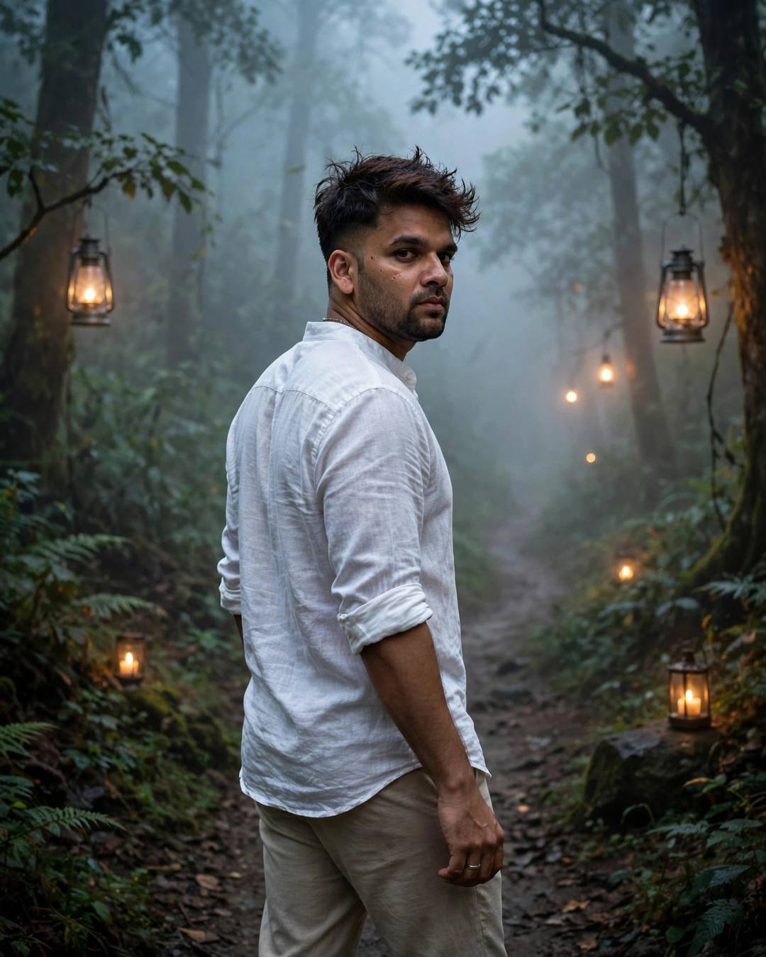 Young man in white linen shirt on a lantern-lit misty forest path, looking back