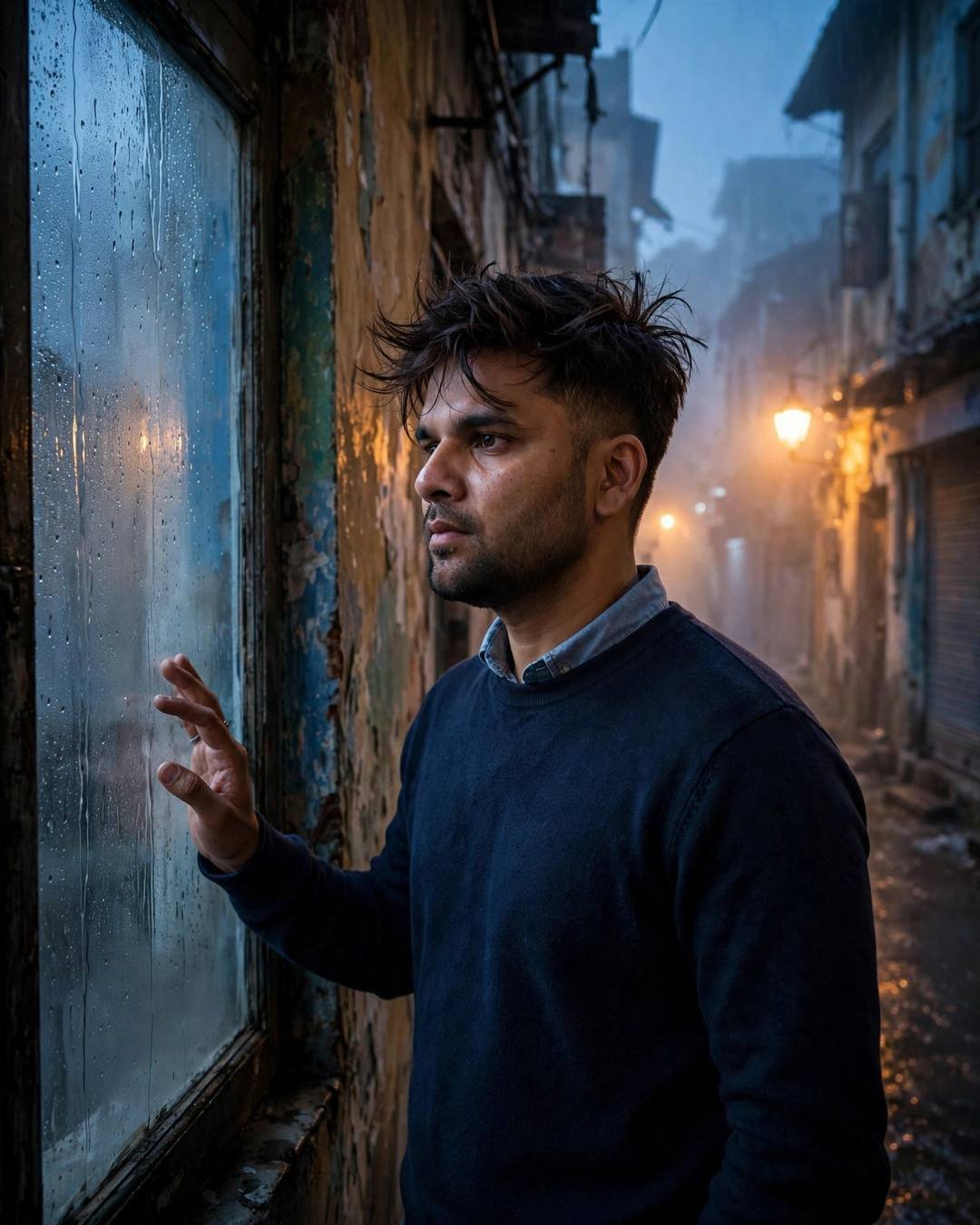 Young man in navy sweater with hand on a rain-streaked window, old-city lane in fog