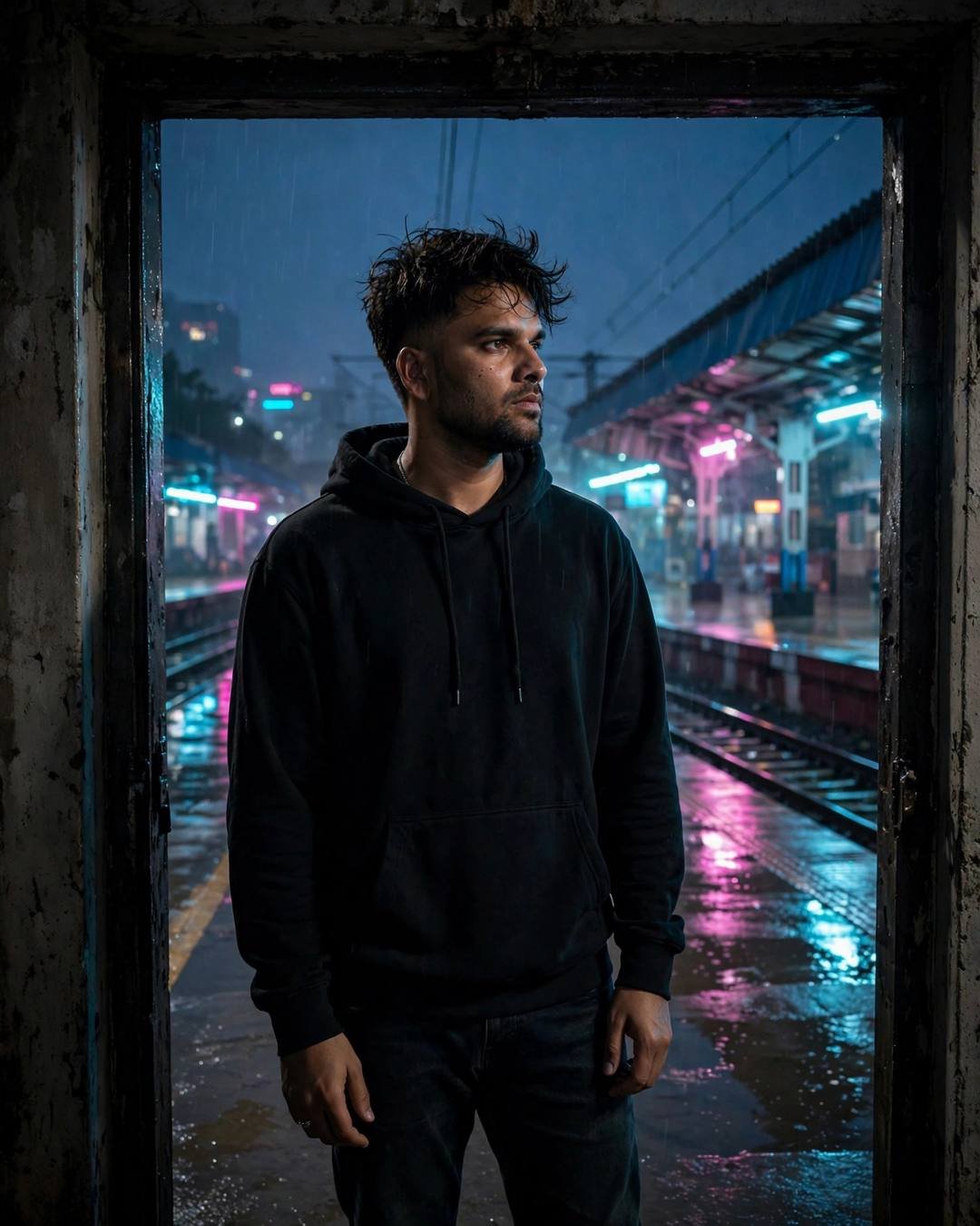 Young man in black hoodie standing in a doorway before a neon-lit night railway platform