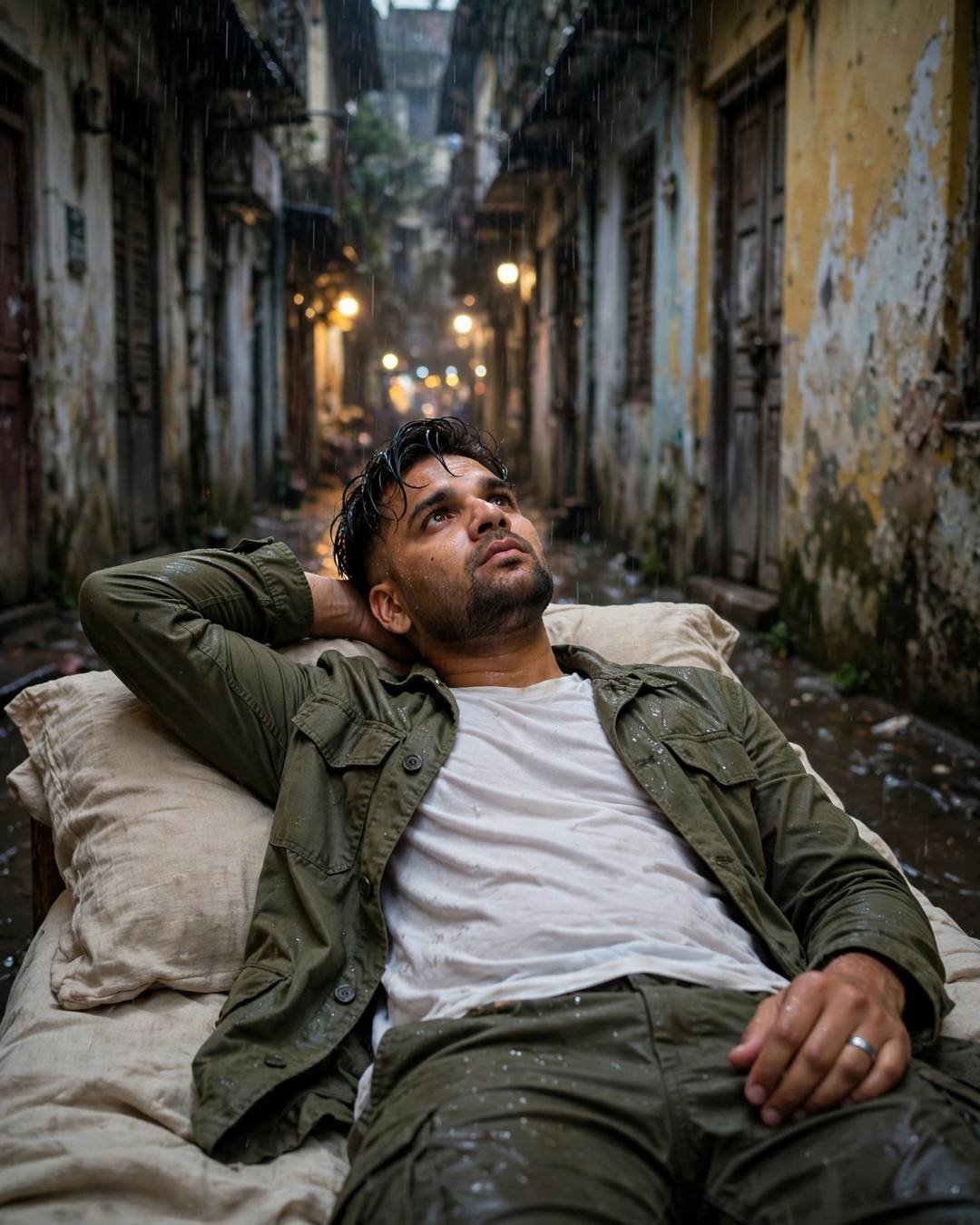 Young man in olive jacket reclining on a bed in a rainy old-city lane