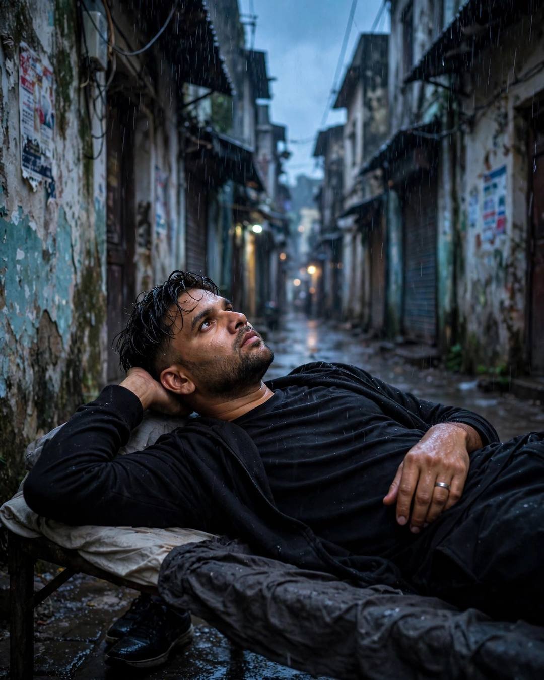 Young man in black streetwear reclining on a bed in a rainy old-city lane at blue hour