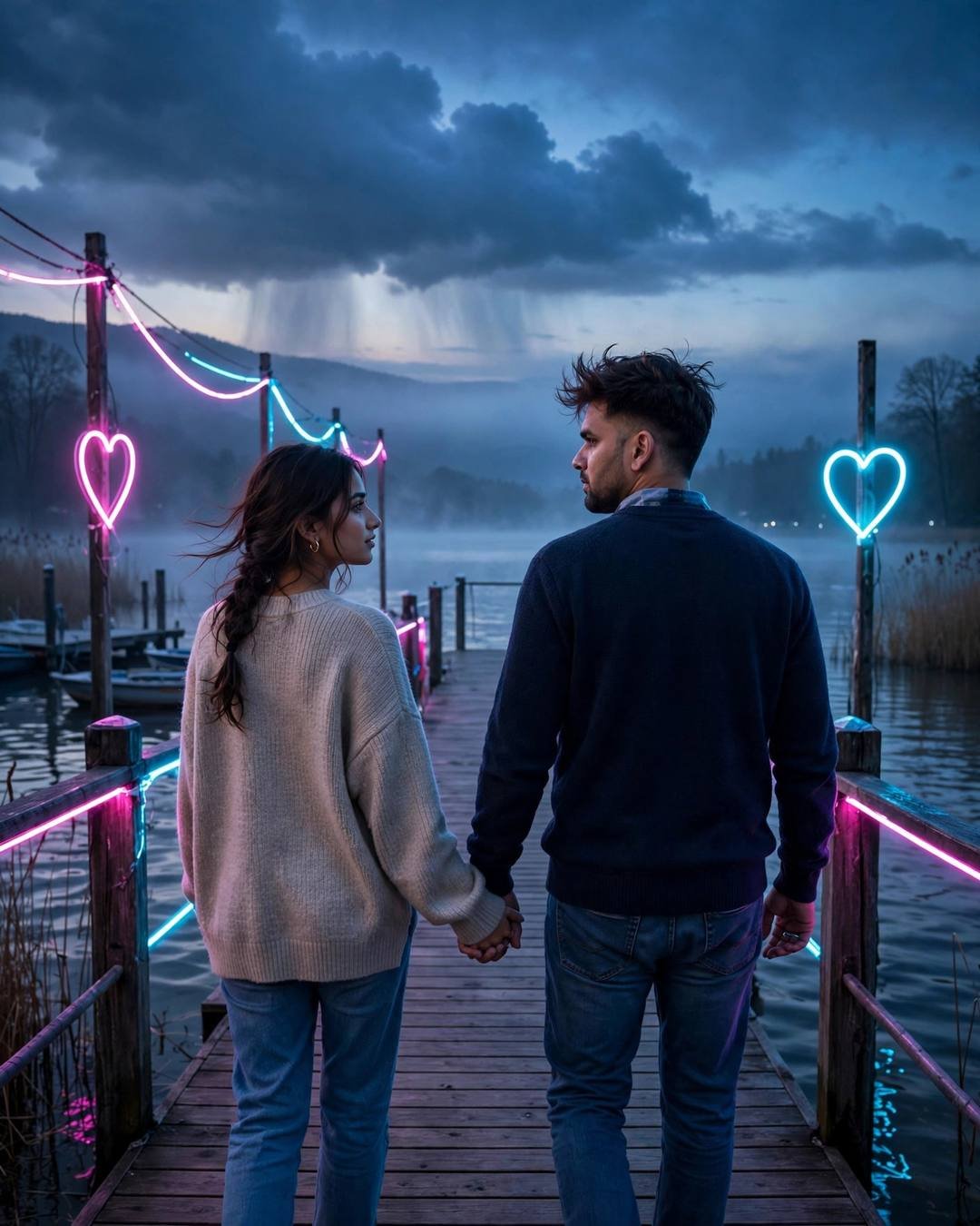 Young couple holding hands walking a neon-lit pier into a stormy blue sky