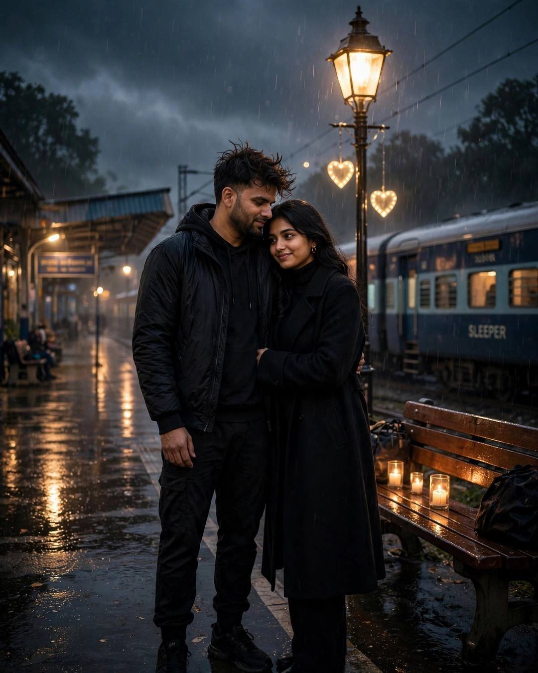 Young couple close on a rainy midnight railway platform with candles and heart lights