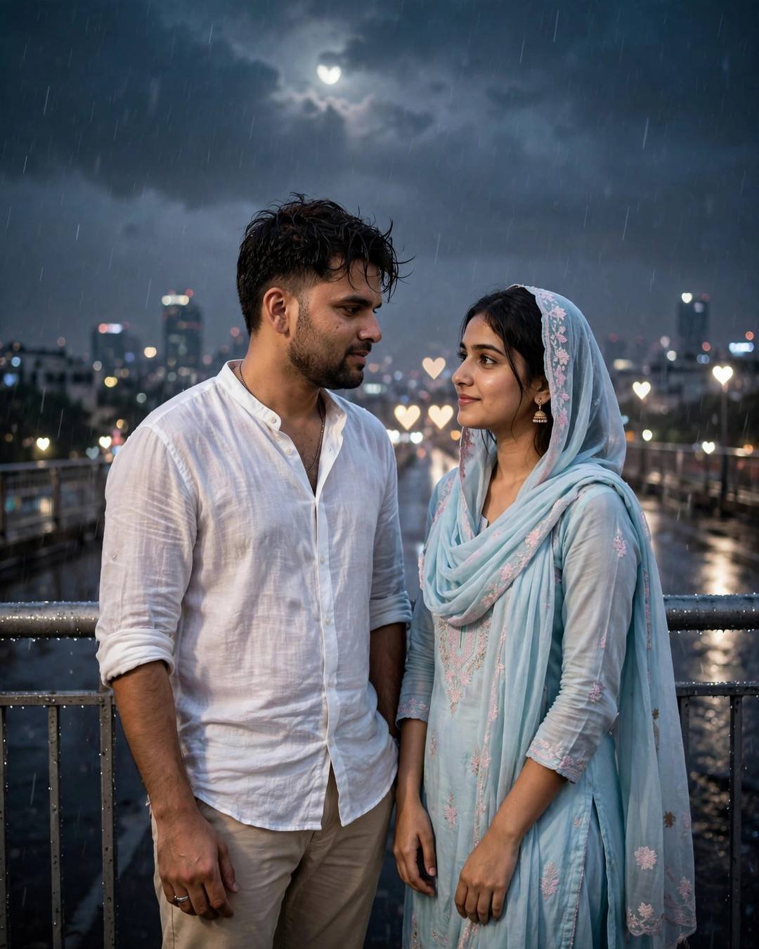Young couple facing each other on a rainy bridge under glowing heart lights