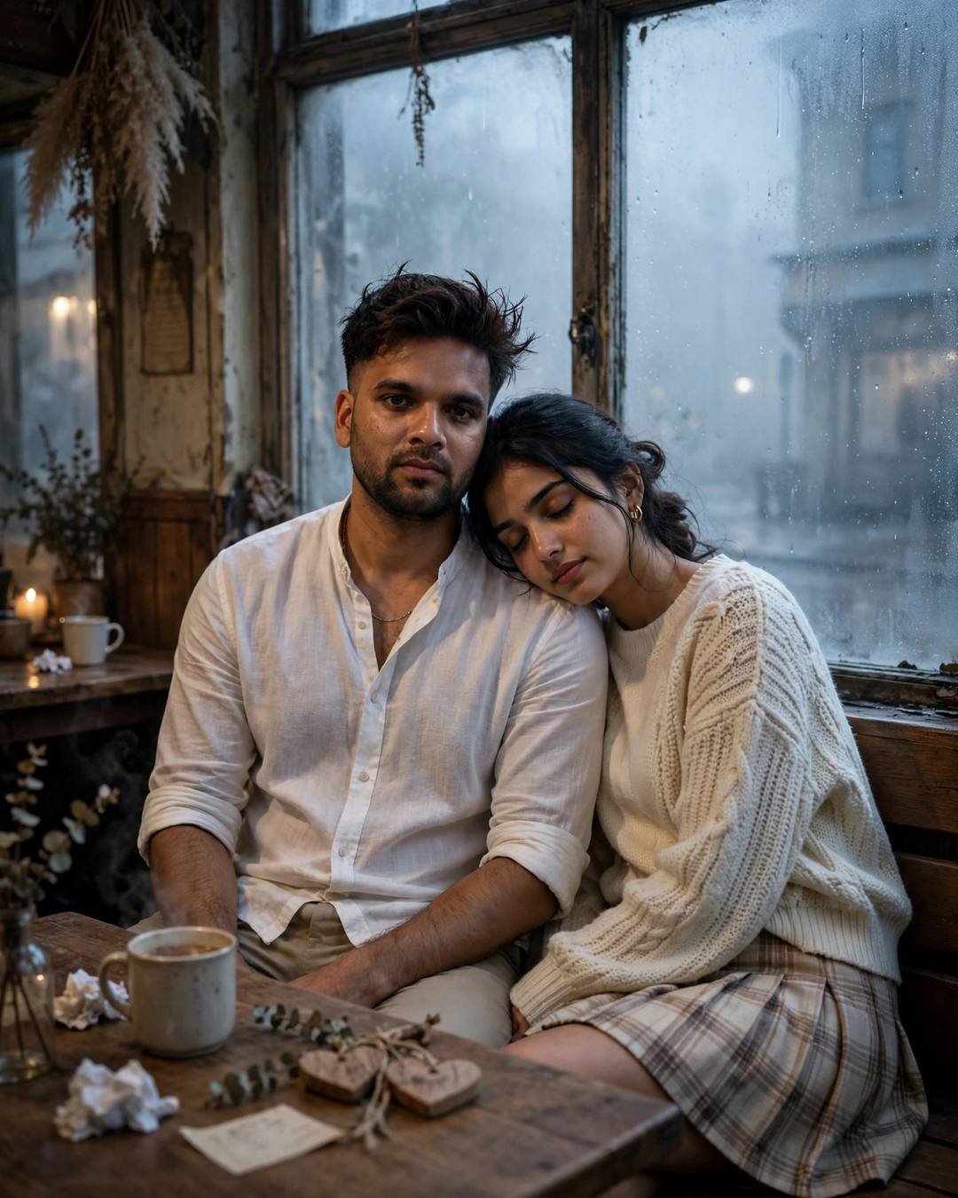 Young couple close in an old cafe by a fogged window, woman resting head on partner's shoulder