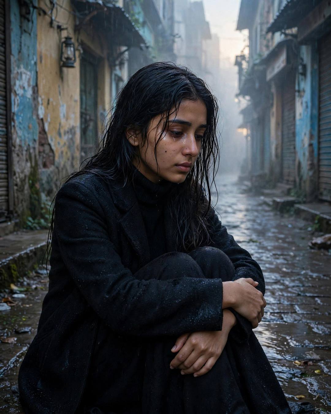 Young Indian woman in black coat sitting with knees drawn up in a rainy old-city lane