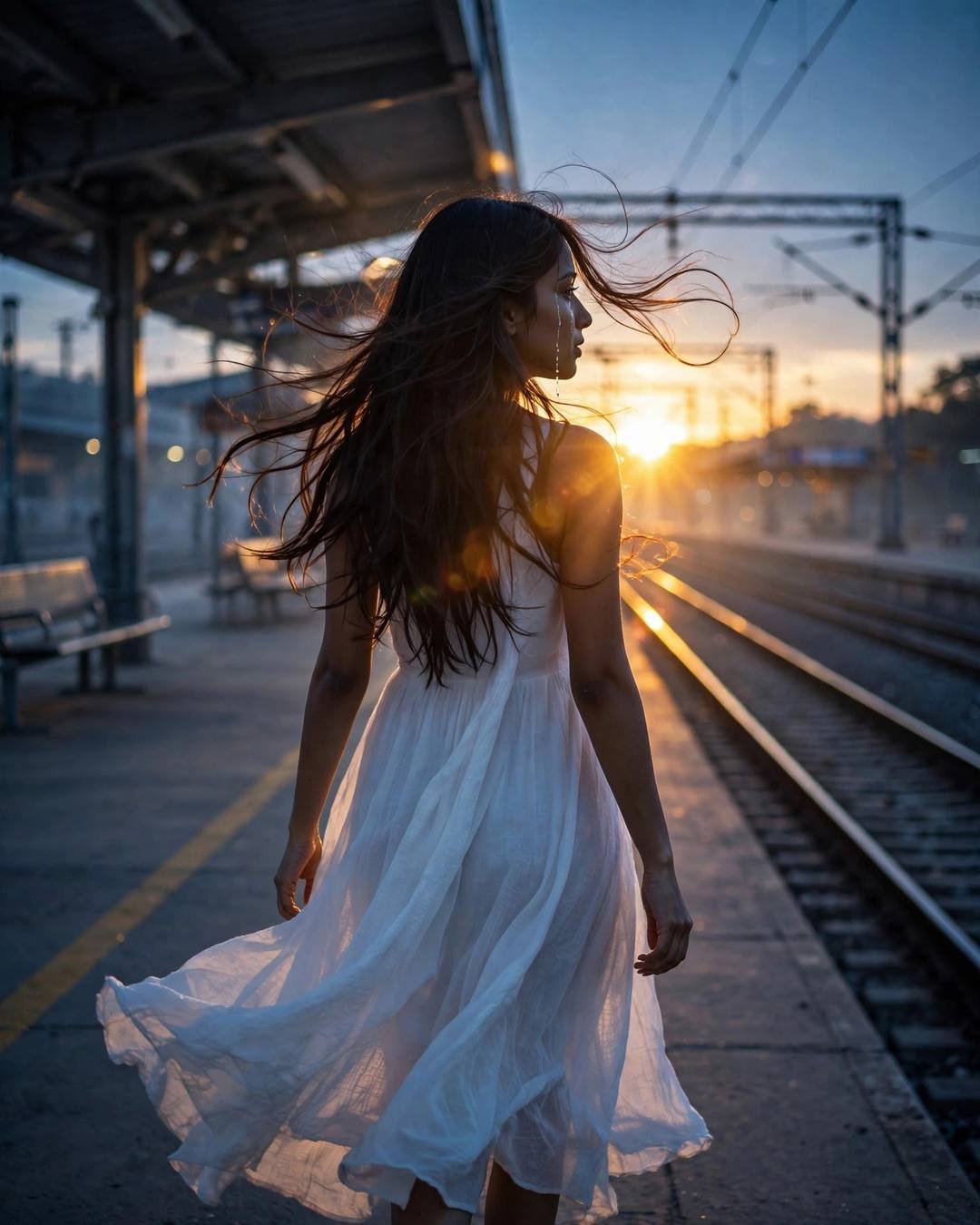 Young Indian woman in white dress walking a railway platform into golden backlight