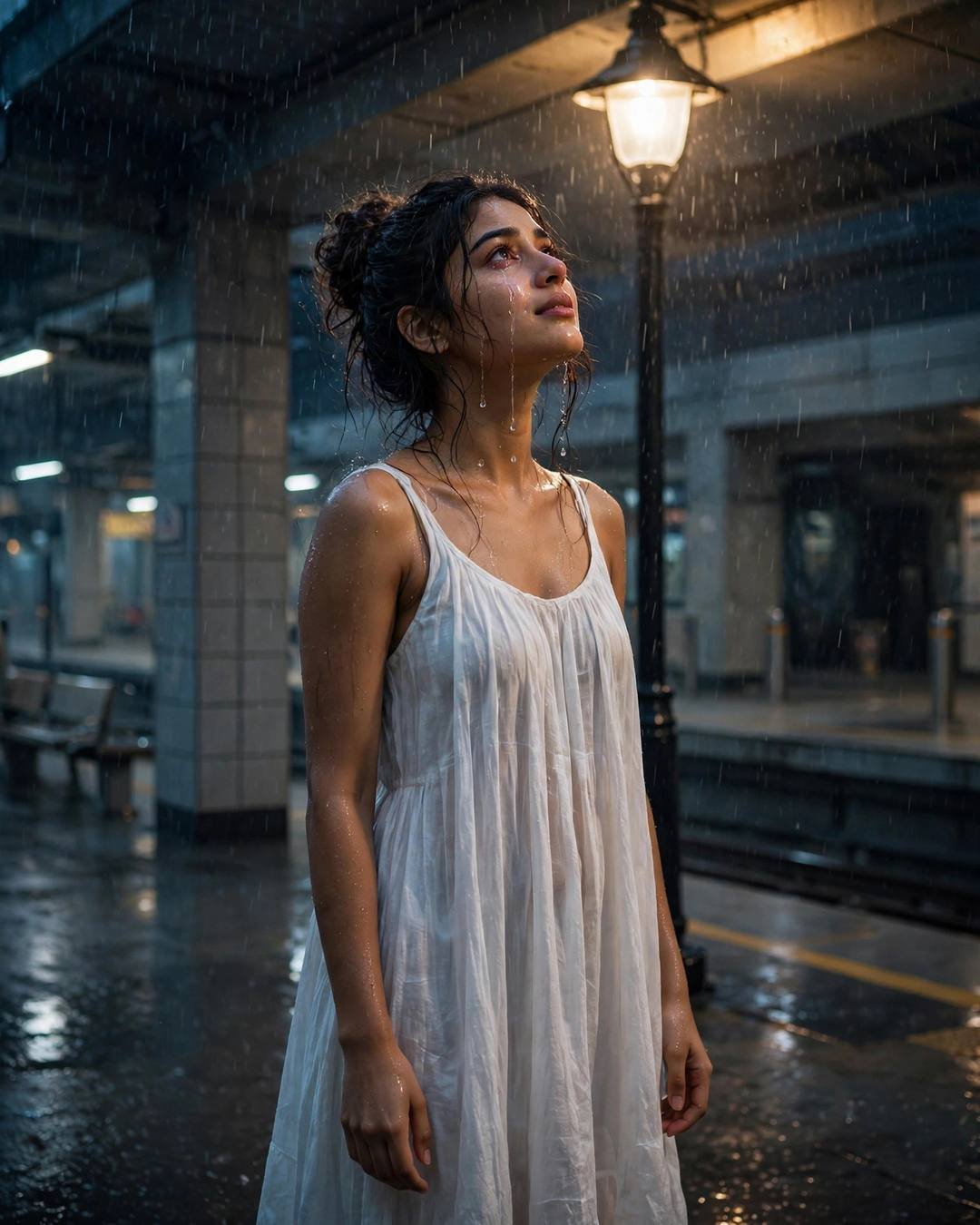 Young Indian woman in wet white dress under a streetlamp in the rain, face to the sky