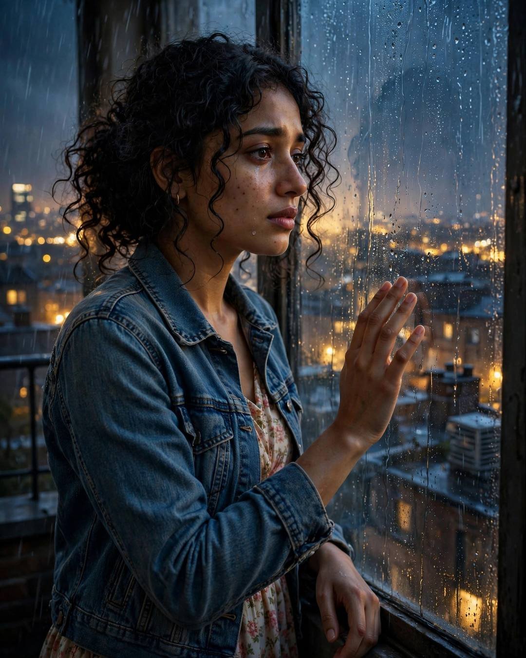 Young Indian woman in denim jacket at a rainy rooftop window over city lights, tear on cheek