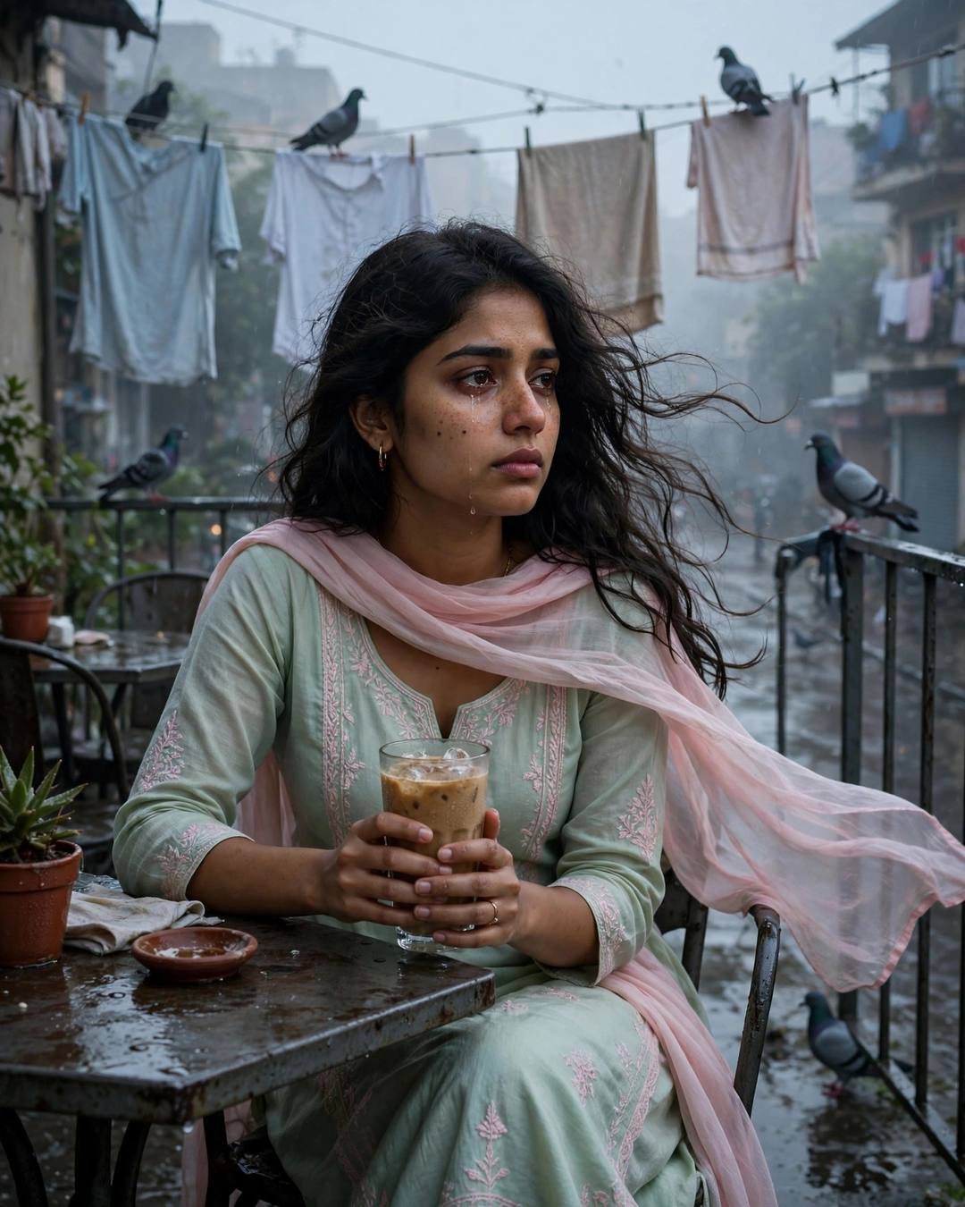 Young Indian woman in pastel salwar-kameez holding cold coffee on a rainy terrace, tear on cheek