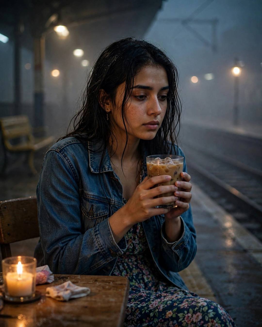 Young woman in a denim jacket and floral dress cradling an iced coffee at a candlelit table on a foggy railway platform at night
