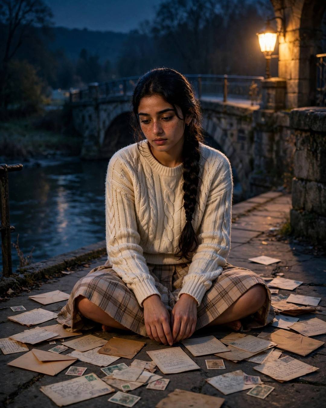 Young woman in a cream knit top and plaid skirt sitting cross-legged among old letters on a stone pavement by a river at night, lit bridge behind