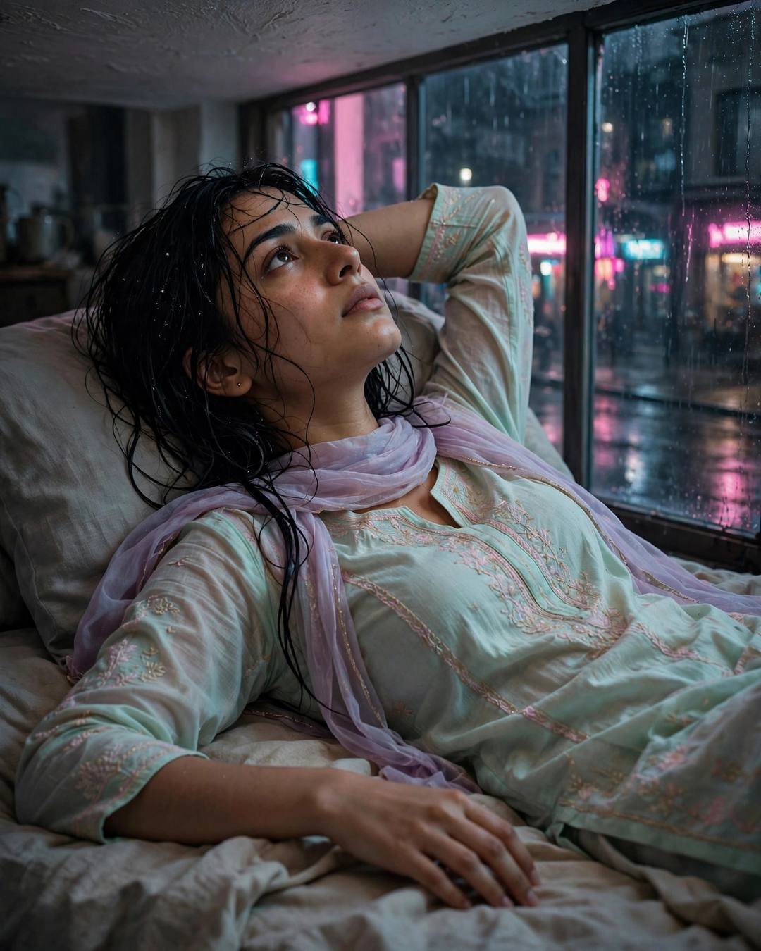 Young woman in a pastel salwar-kameez lying on a bed at midnight, gazing at the ceiling, rain-streaked window with neon city glow behind her