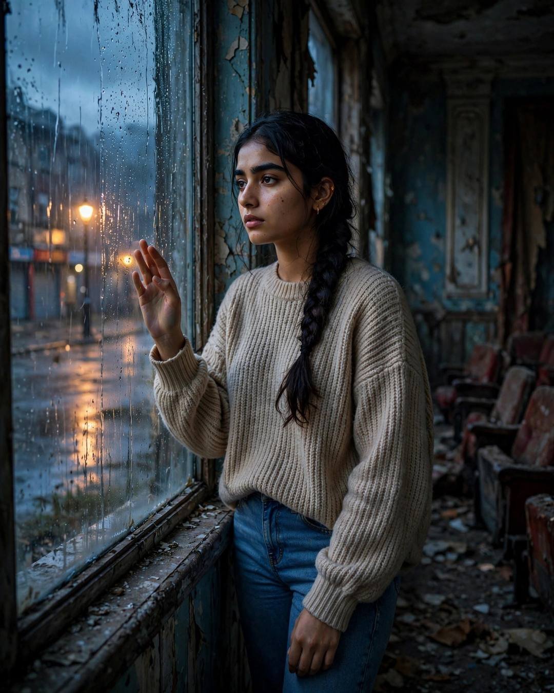 Young woman in an oversized beige sweater standing at a rain-streaked window in an abandoned cinema hall, hand on the glass, gazing out