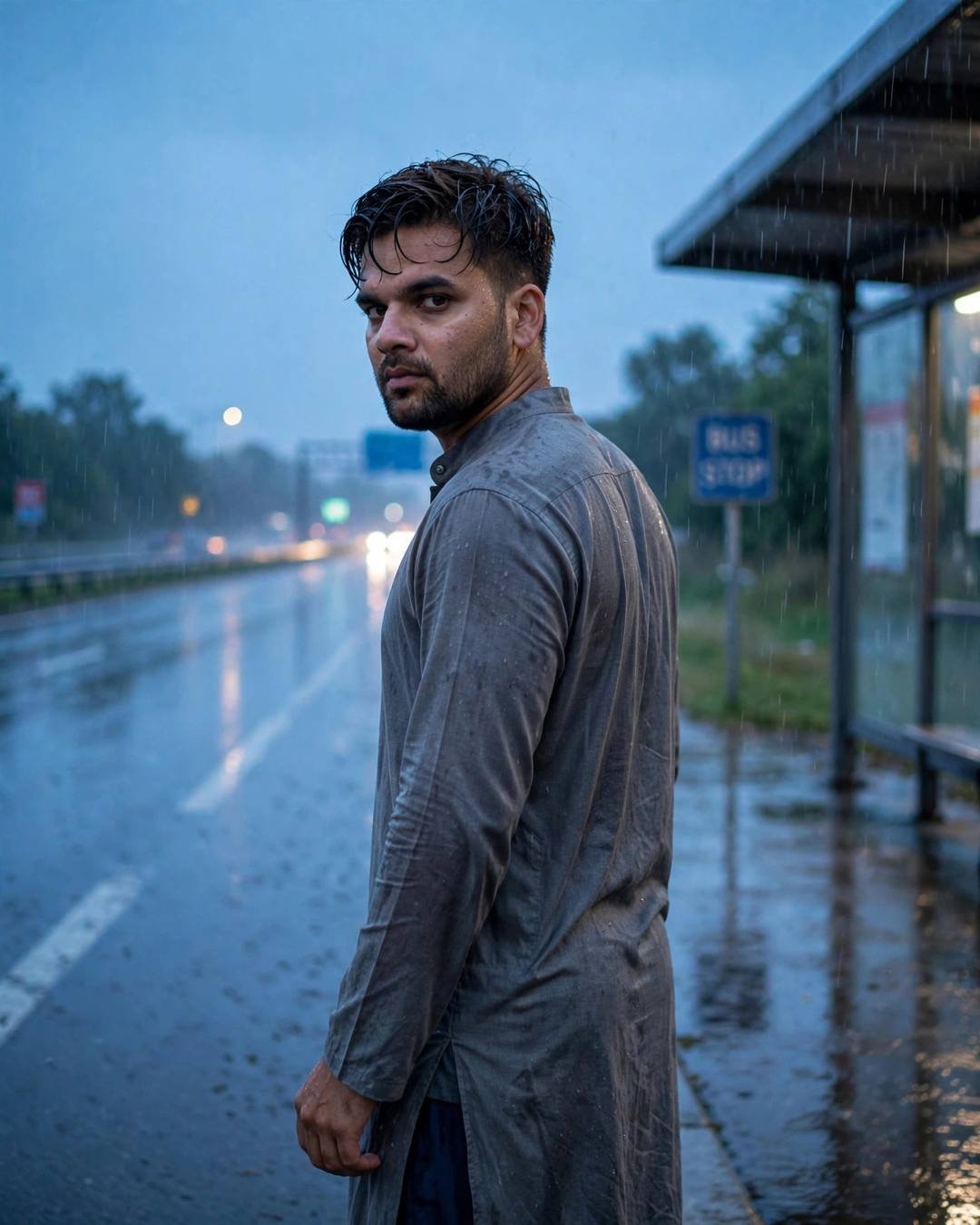 Young Indian man in a grey kurta standing at a bus stop in light rain, looking over his shoulder down an empty wet highway at blue hour