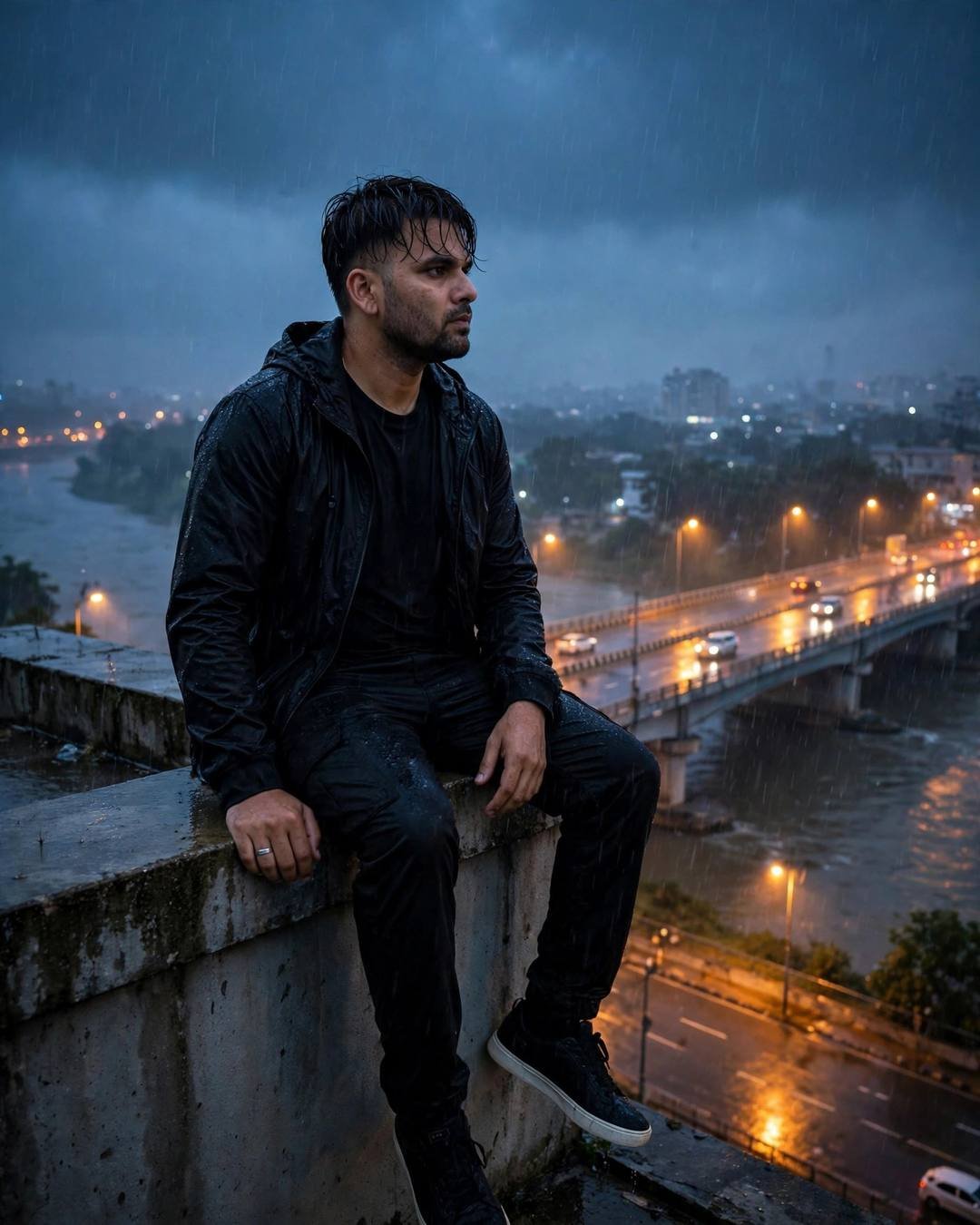 Young Indian man in all-black streetwear sitting on a rooftop ledge above a bridge over a river in heavy monsoon rain, sodium streetlamps glowing