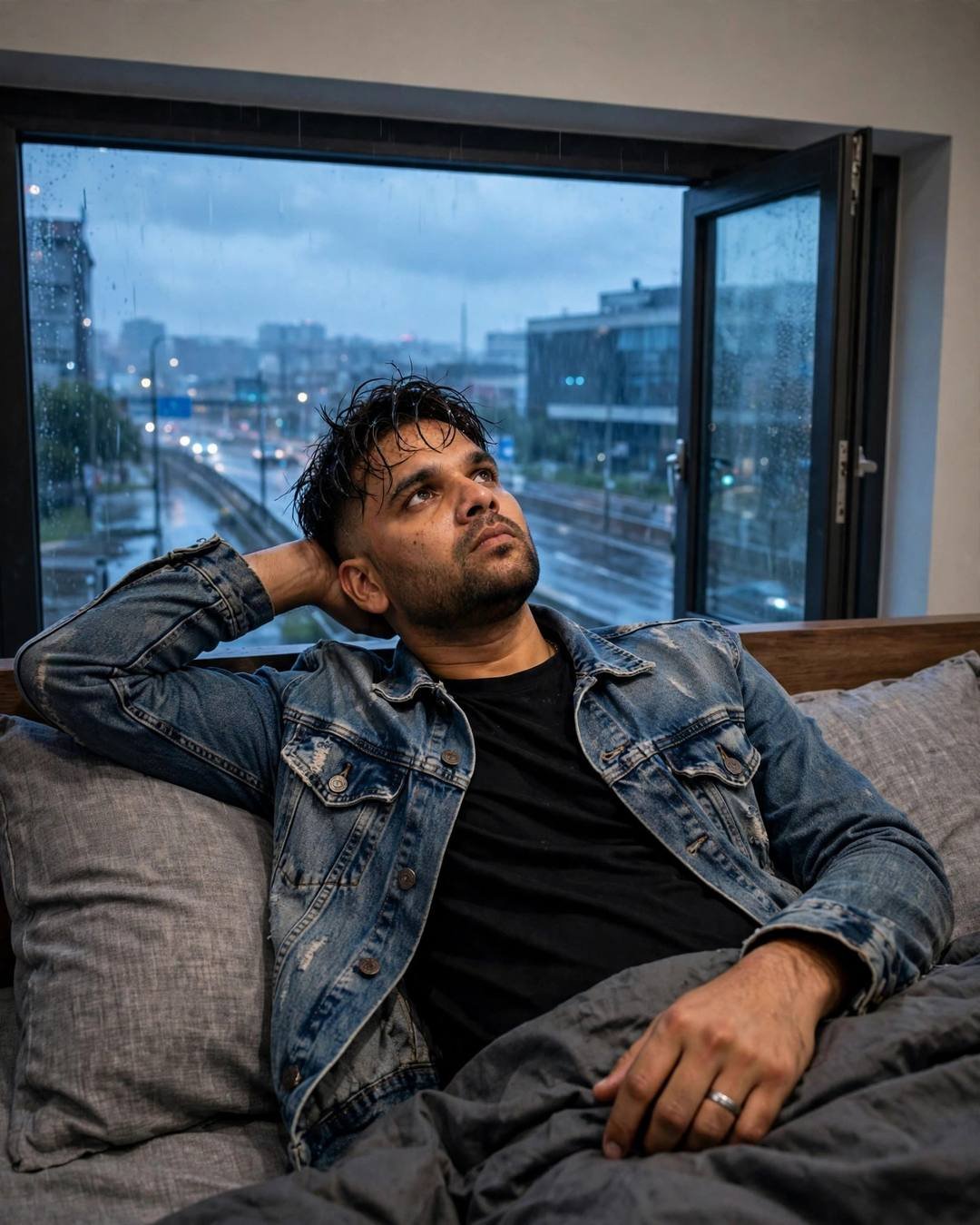 Young Indian man in a distressed denim jacket lying on a bed staring at the ceiling, one arm behind his head, rain-soaked city street visible through a wide window
