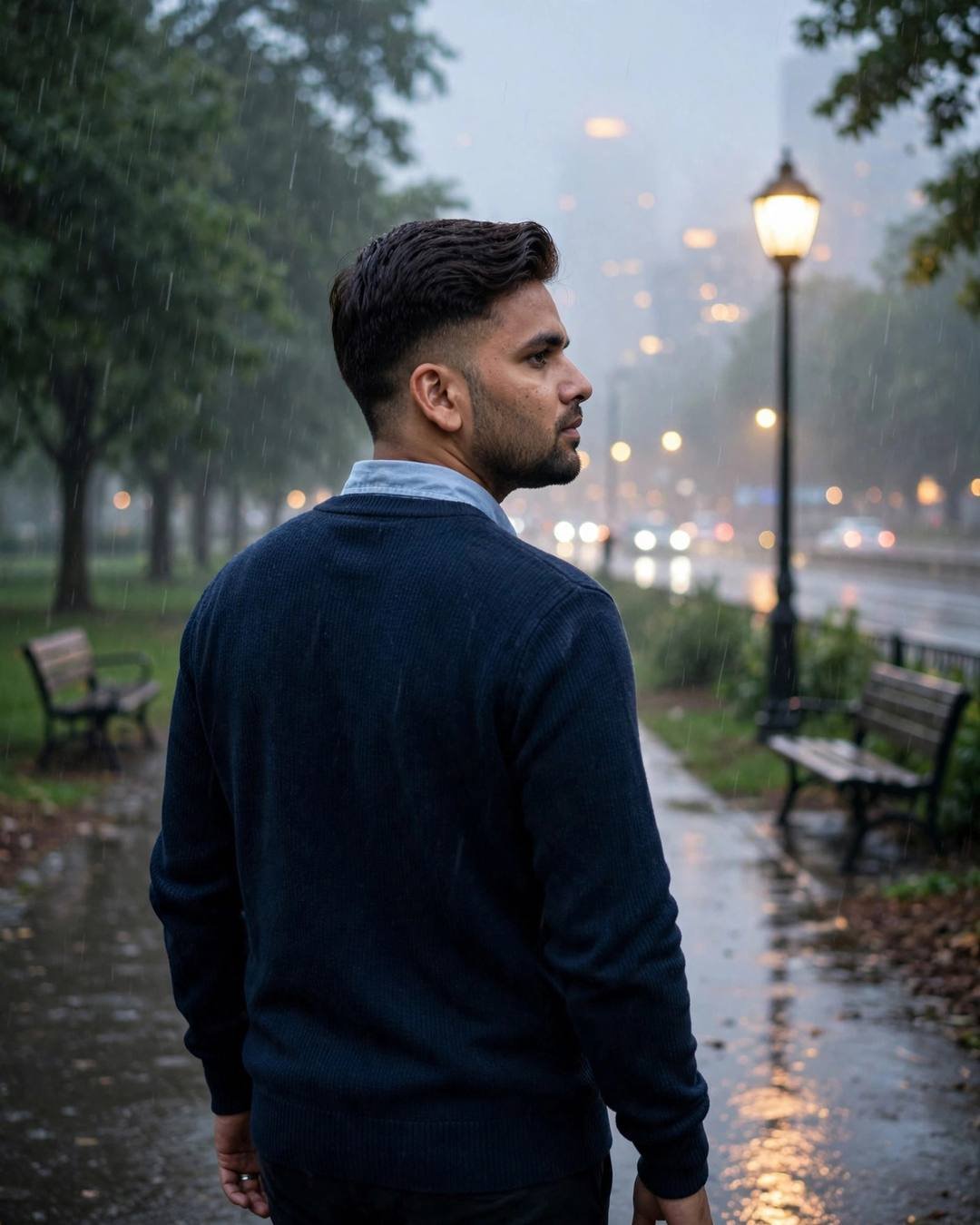 Young Indian man in a navy sweater over a collared shirt walking away down a rain-wet park path at dawn, a lone lamp glowing beside him