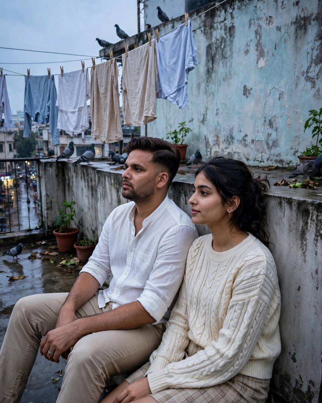 Young couple sitting against a rooftop parapet at blue hour, man in white linen shirt, woman in cream knit top, pigeons and laundry lines around them