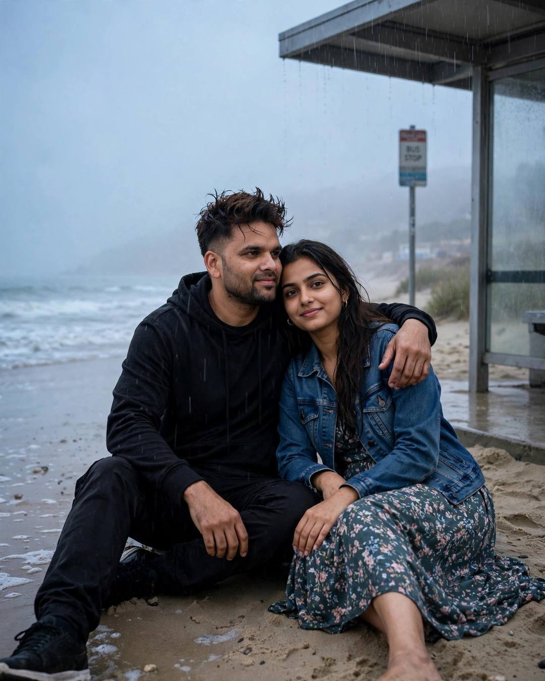 Couple sitting on wet sand beside a bus shelter in the rain, man in black streetwear with his arm around her, woman in denim jacket and floral dress