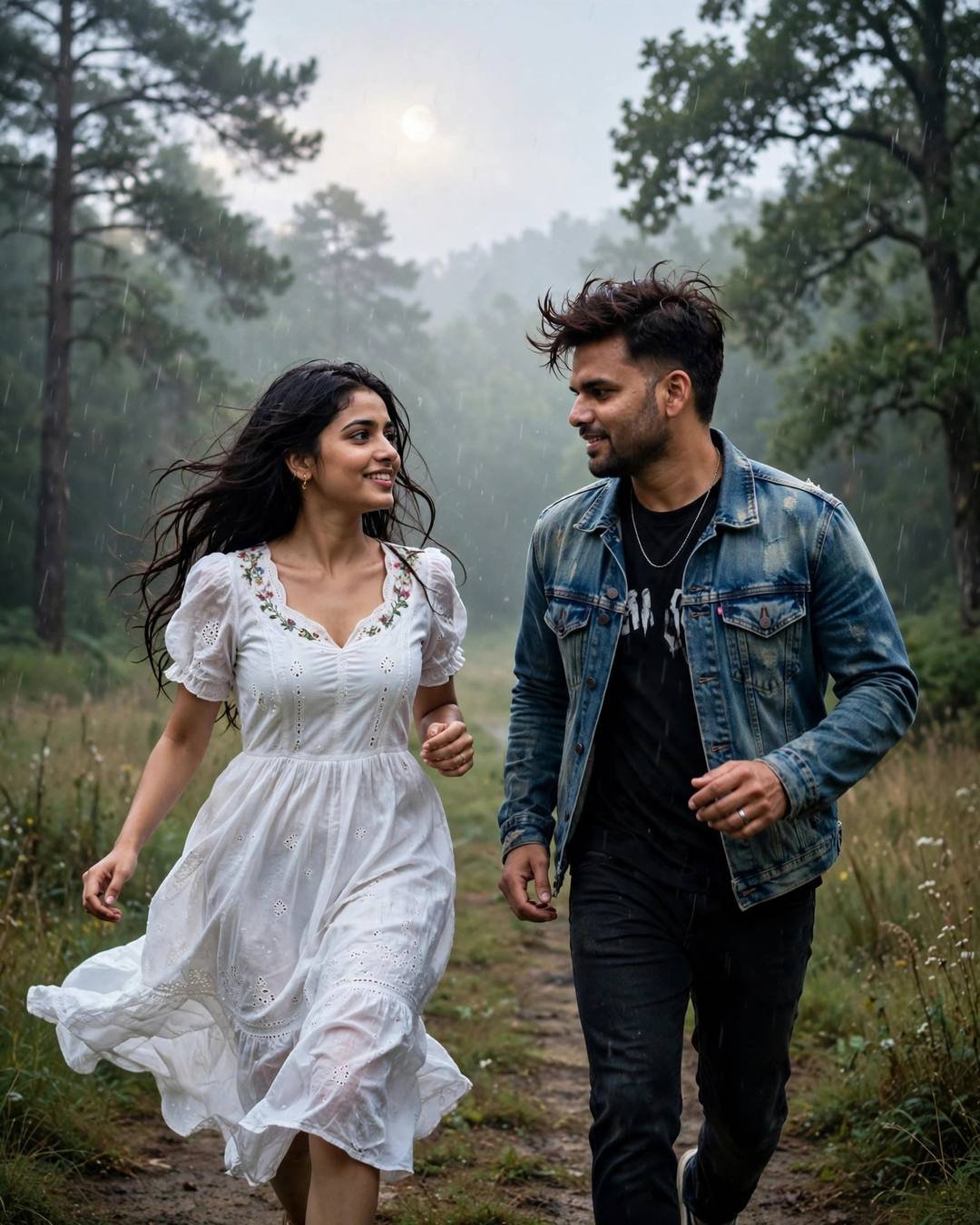 Couple running toward each other on a misty forest path at dawn, man in denim jacket, woman in flowing white dress, laughing