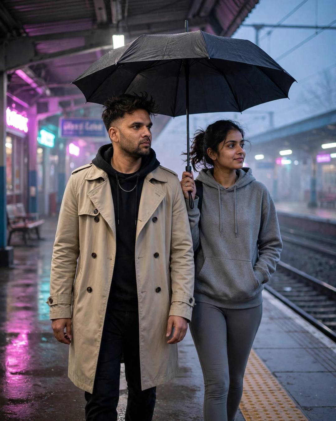 Couple walking under one umbrella on a neon-lit railway platform at night, man in beige trench coat, woman in grey hoodie