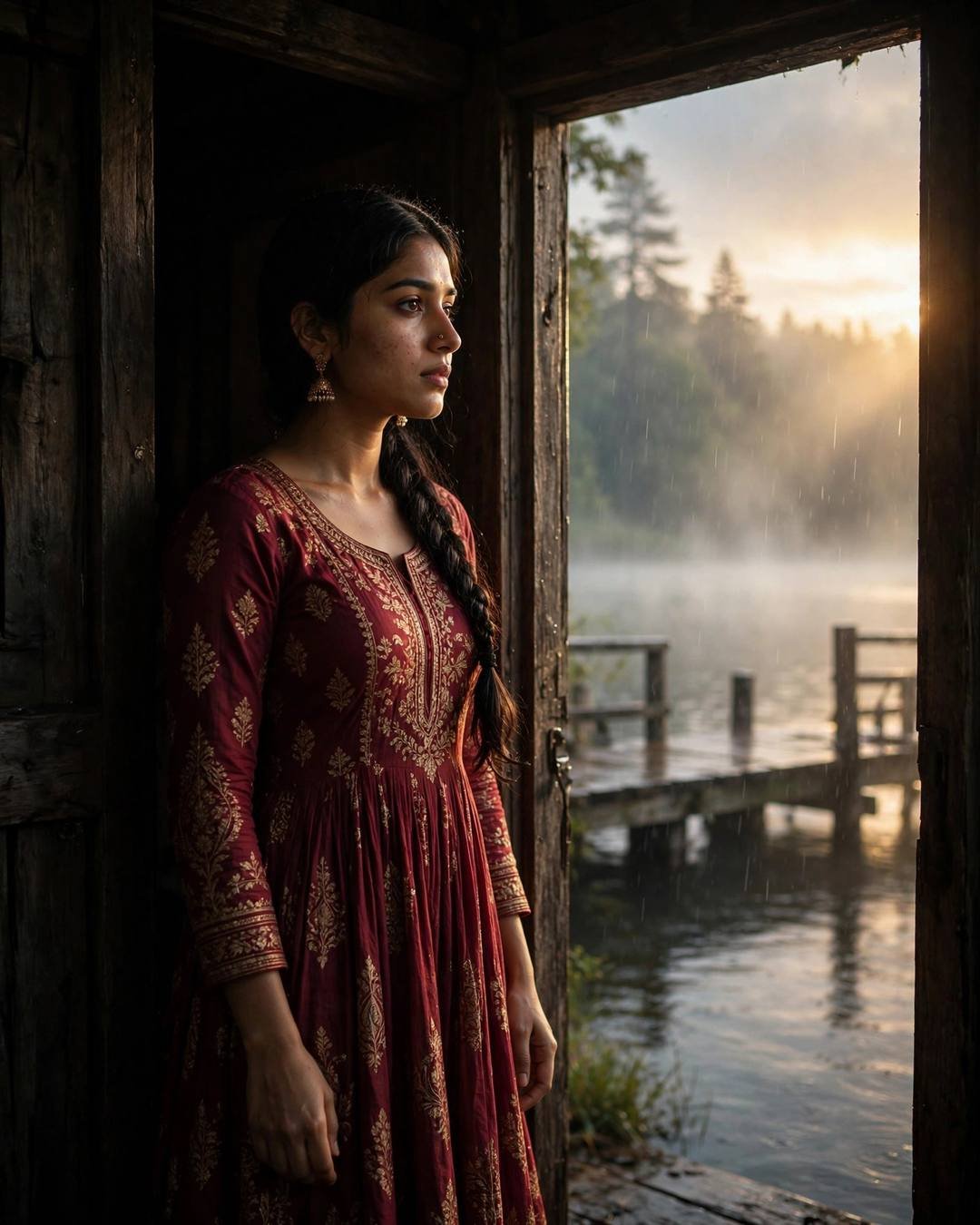 Young Indian woman in maroon anarkali with jhumkas standing in a doorway by a misty lake pier at dawn