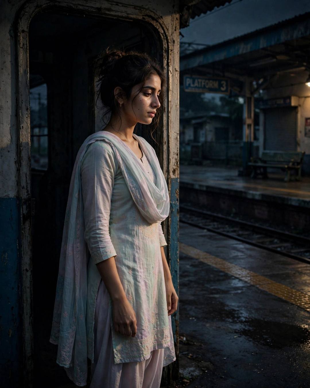 Young woman in pastel salwar-kameez with messy bun standing in a doorway at an empty railway platform at night