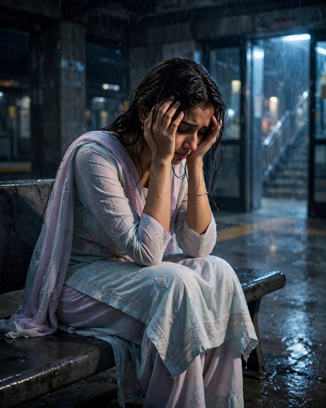 Young woman in rain-soaked pastel salwar-kameez sitting with head in hands on a midnight metro station bench