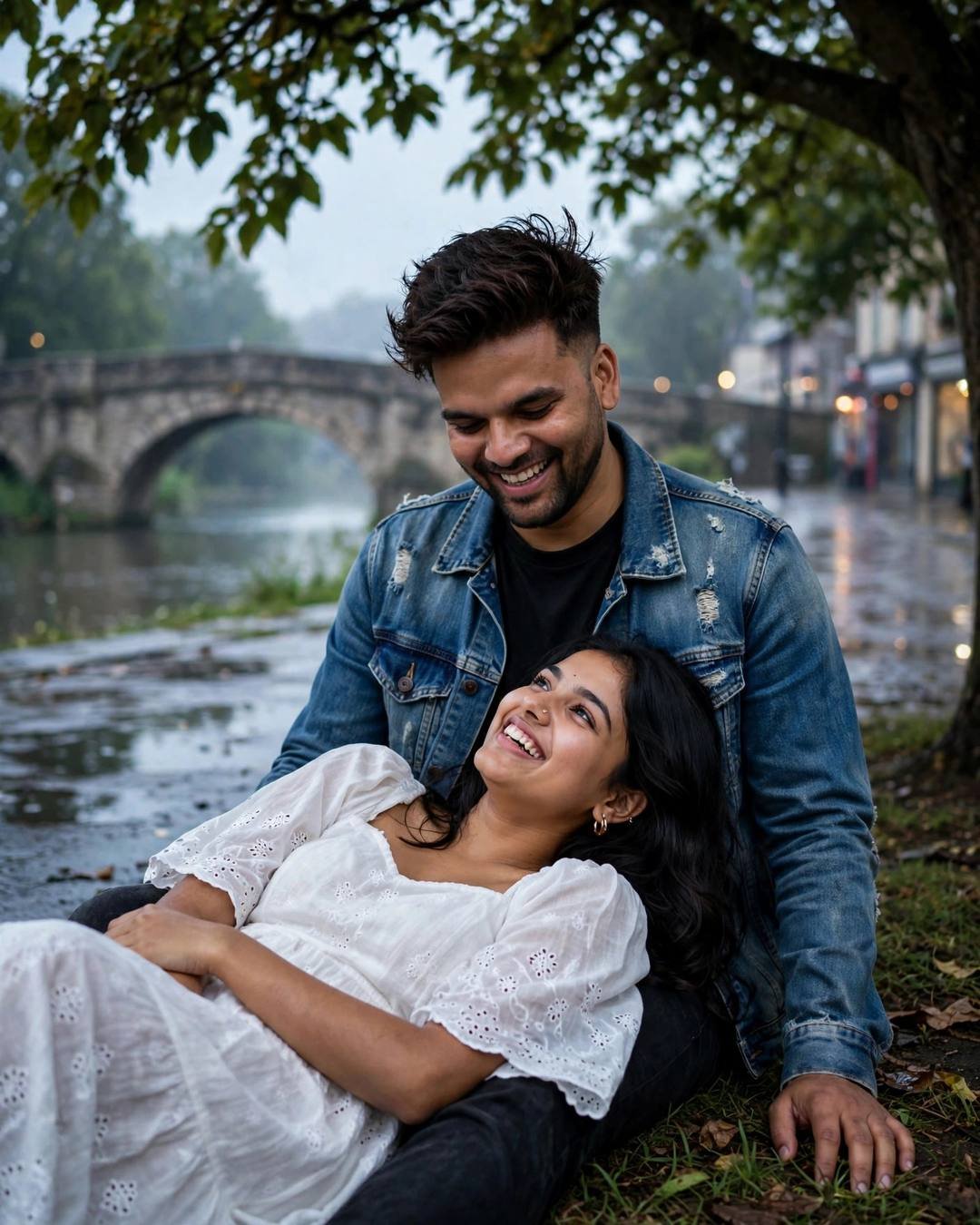 Young Indian couple laughing softly under a tree by a rain-wet river with a stone bridge behind them at blue hour