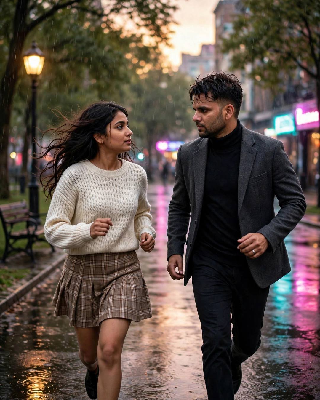Indian couple running toward each other across a rain-wet park street at golden hour with neon reflections