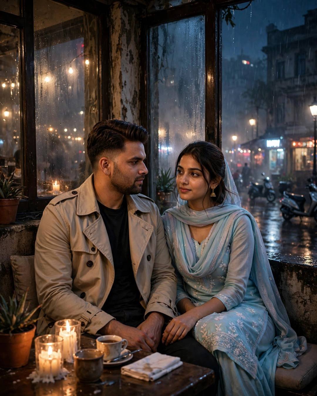 Indian couple sitting in shared silence by a fogged café window at midnight, candlelight between them