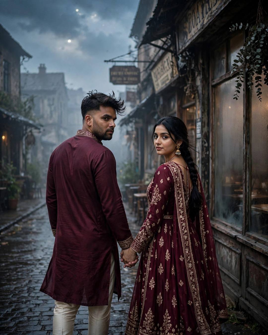 Indian couple in maroon walking hand in hand away down a cobblestone street at dawn near their old college