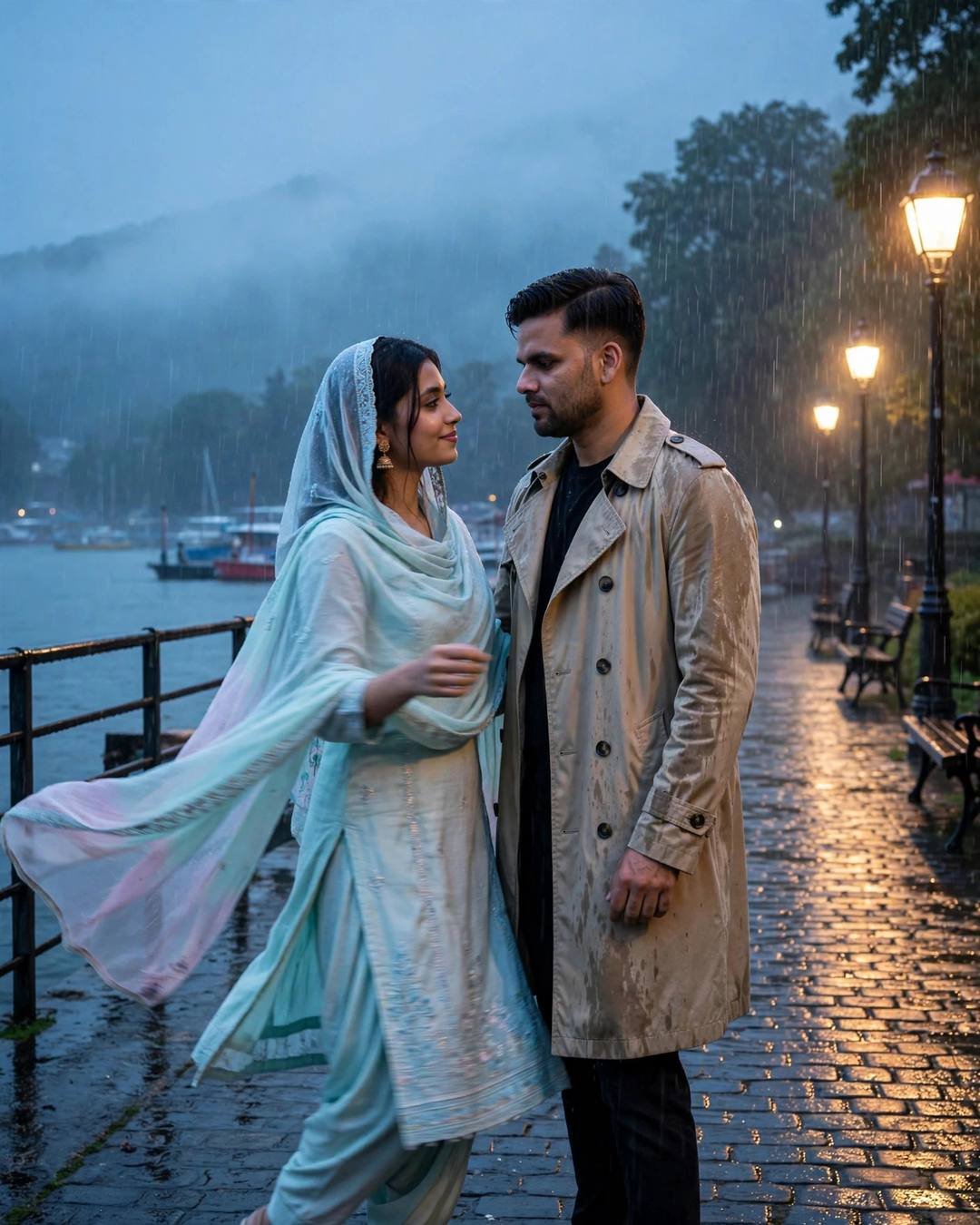 Indian couple slow-dancing in heavy rain on a lakeside pier at blue hour under streetlights