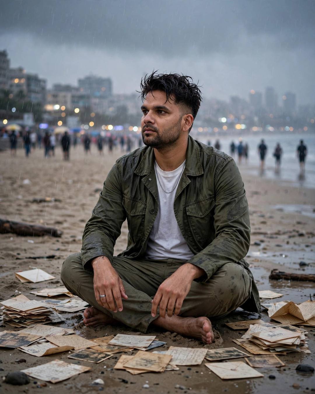 Young man in olive field jacket sitting cross-legged on a rainy beach at dusk, surrounded by old letters, city lights glowing behind him