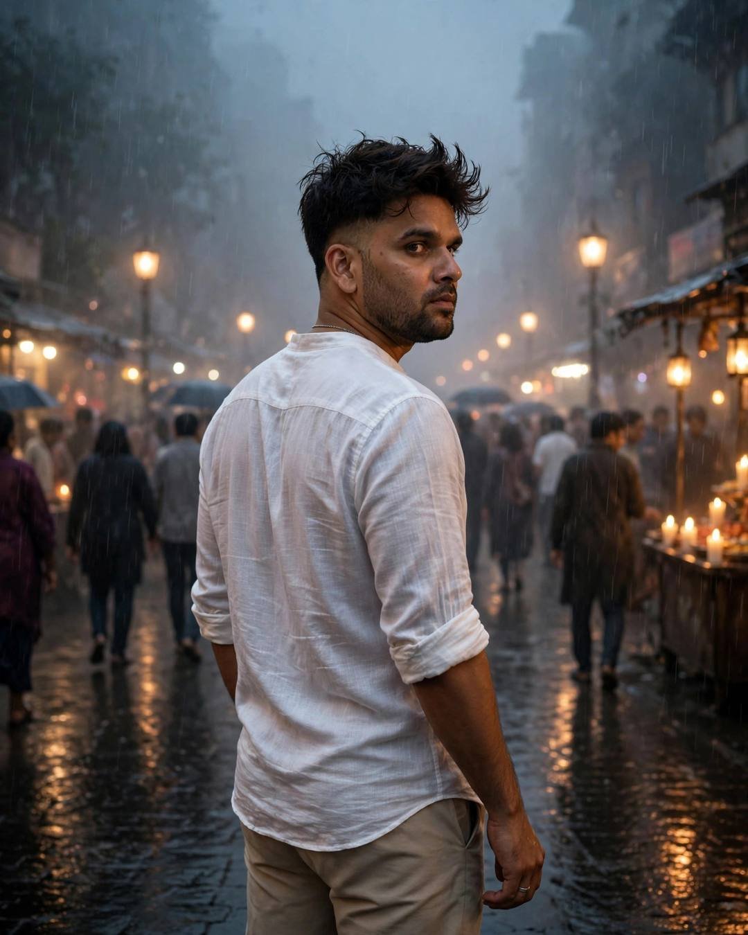 Young man in white linen shirt looking back over his shoulder on a foggy, rain-soaked city street lit by warm lamps