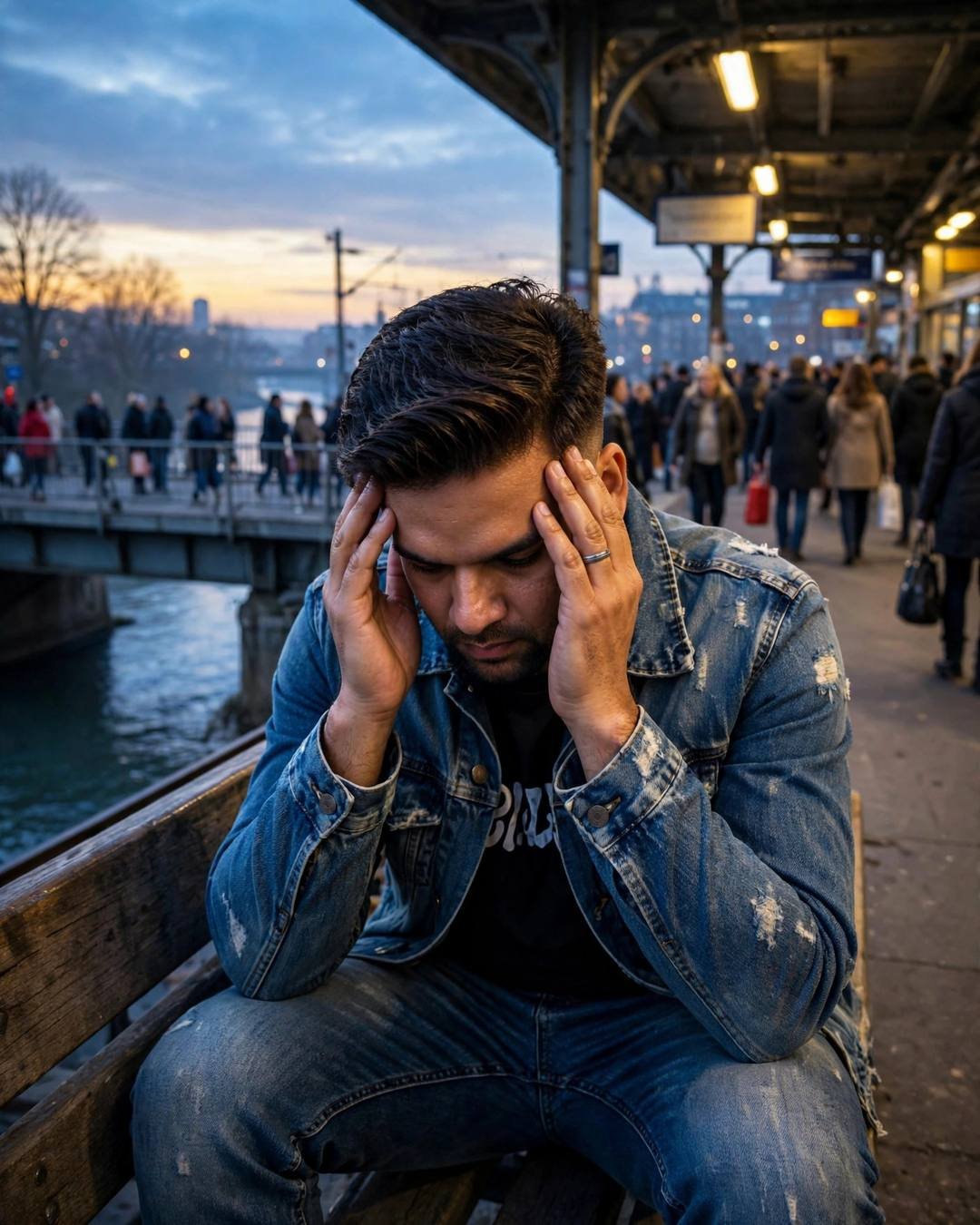Young man in a denim jacket sitting with his head in his hands on a bench by a river bridge at blue hour