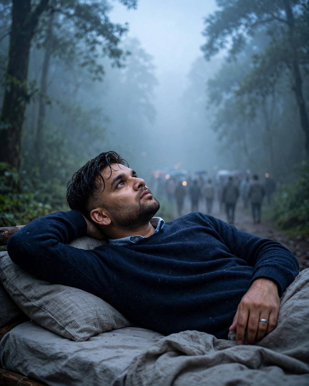 Young man in a navy sweater reclining with one arm behind his head, staring up at the moon through fog on a misty forest path