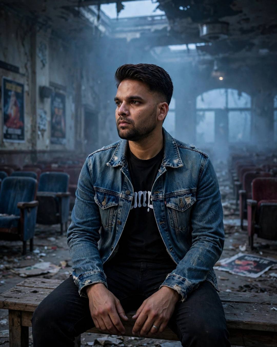 Young man in a distressed denim jacket sitting alone on a bench in an abandoned cinema hall filled with drifting fog