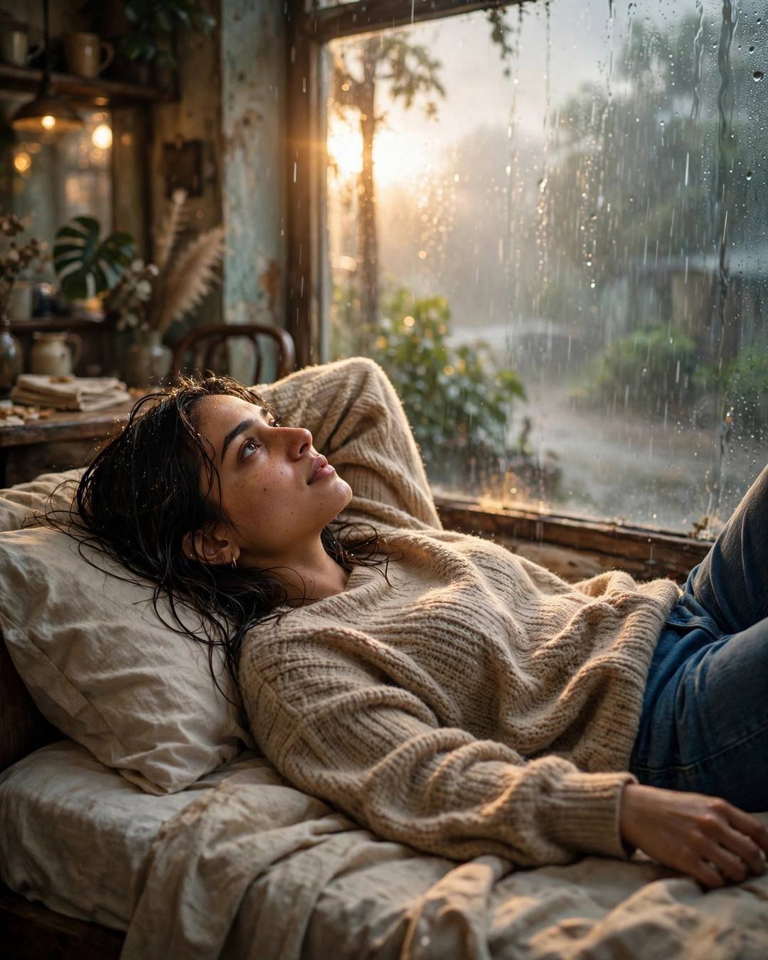 Young woman in an oversized beige sweater reclining by a fogged café window, wet hair, heavy monsoon rain and golden backlight outside