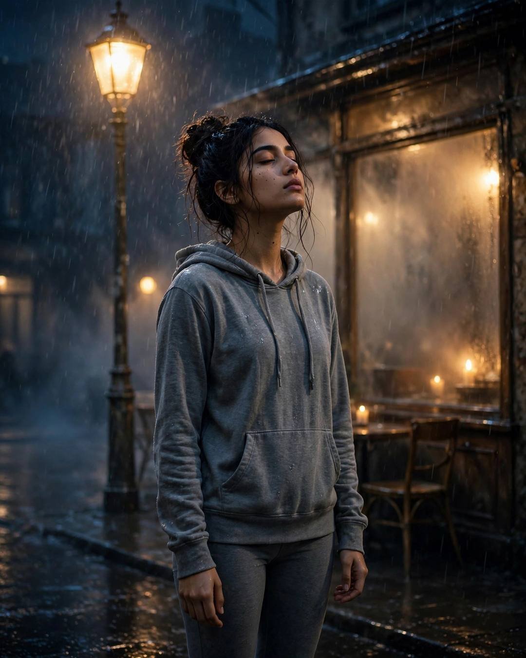 Young woman in a grey hoodie standing under a streetlamp in the rain at night, face lifted to the sky, candlelit café window beside her